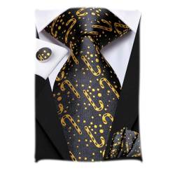 Hi-Tie Schwarz-Gold Weihnachtskrawatten-Set für Männer Gewebte Seidenkrawatte Weihnachten Einstecktuch Manschettenknöpfe für Business von Hi-Tie