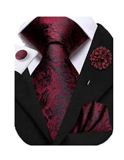 Hi-Tie Seidenkrawatten für Herren, 4 Stück, Herren-Krawatten und Blumen, Anstecknadel, Einstecktuch, Manschettenknöpfe, Set, Krawatte für Hochzeit, Business, Weinrot/Schwarz mit Blumenmuster, Medium von Hi-Tie