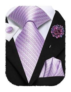 Hi-Tie Seidenkrawatten für Herren, 4 Stück Herrenkrawatten und Blumen-Anstecknadel, Einstecktücher und Manschettenknöpfe, Designer-Krawatten, Lavendel Lila Fischgrätenmuster, M von Hi-Tie