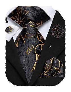 Hi-Tie Seidenkrawatten für Herren, 4 Stück Herrenkrawatten und Blumen-Anstecknadel, Einstecktücher und Manschettenknöpfe, Designer-Krawatten, Schwarz Gold Floral, M von Hi-Tie