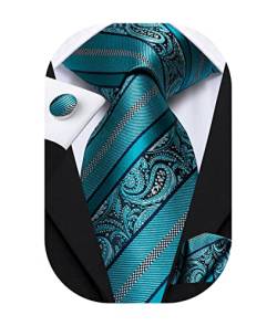 Hi-Tie Teal Blue Krawatte Paisley Stripe Krawatten Set Einstecktuch Manschettenknöpfe Business Formal Party von Hi-Tie