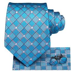 Hi-Tie hellblau silber karierte Krawatte für Herren Krawatten Taschen quadratisch Manschettenknöpfe Hochzeit formelles Geschäft von Hi-Tie