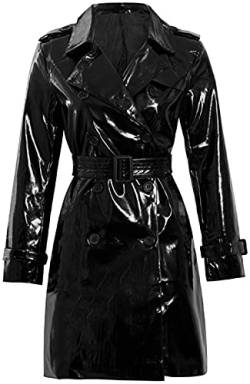 Damen PVC-Mantel, modisch, Wet-Look, Kleidung, Trenchcoat, Regenmantel, schwarz, PU-Leder, Schwarz – PVC-Mantel, XXL von HiFacon