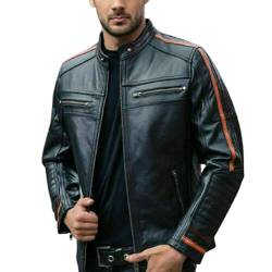 Herren Lammfell Jacke Cafe Racer Retro Slim Fit Biker Echtleder Jacke - Schwarz - XX-Small von HiFacon