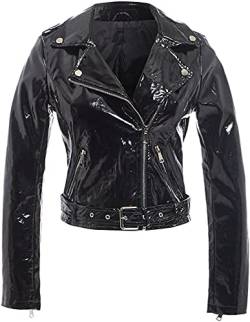 HiFacon Brando Negan Motorradjacke für Damen, Wet-Look, PVC, Leder, langärmelig, Reißverschluss - Schwarz - X-Large von HiFacon