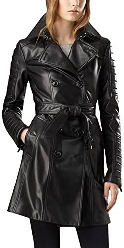 HiFacon Damen Mode Outdoor Ledermantel Langer Trenchcoat Schwarz Leder Übermantel Jacke, Trenchcoat aus echtem Leder, X-Large von HiFacon