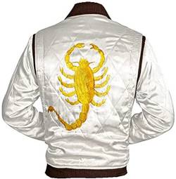 HiFacon Drive Scorpion Ryan Gosling Herren-Bomberjacke mit Skorpion-Logo, gestepptes Design, Satin, Weiß / elfenbeinfarben, XXL von HiFacon