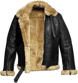 HiFacon Herren Aviator RAF B3 Ginger Shearling Schaffell Bomber Lederjacke Flying, Schwarz - Echtleder, XL von HiFacon