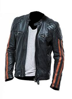 HiFacon Herren Vintage Retro Cafe Racer Schwarz Lederjacke Orange Streifen Biker Motorrad Stilvoll Echtes, Echtlederjacke, M von HiFacon