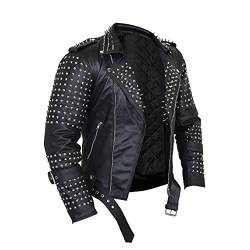 HiFacon Herrenjacke aus schwarzem Punkleder mit Spikes, Café Racer, silberfarbene Nieten, Herrenjacke, Nieten – Echtlederjacke, L von HiFacon