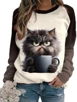 Hibasing Niedliche Katze 3D-gedrucktes Sweatshirt für Frauen Langarm-T-Shirt Lustige Grafikdruck-Pullover-Pullover in Übergröße Oberteile von Hibasing