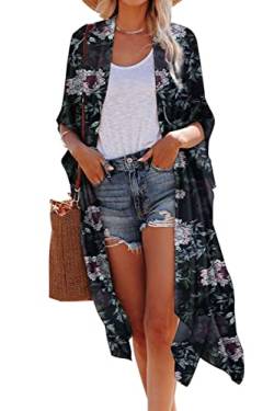 Hibluco Damen-Kimono-Cardigan, durchsichtig, Chiffon, Blumenmuster, lange Bluse - - Large von Hibluco