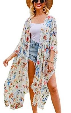 Hibluco Damen Sommer Chiffon Blumen Strand Kimono Cardigan Lange Cover Ups von Hibluco