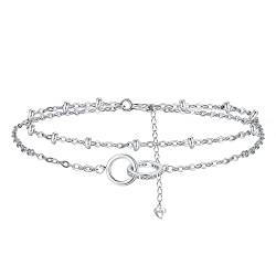 Hifeeled Doppelring Armband Damen 925 Sterling Silber Romantisch Armbänder Doppelkette mit Kugelperlen für Frauen Original Schmuck Geschenk Mutter Ehefrau Freundin Verstellbarer [16+4cm] von Hifeeled