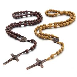 2 Stück Holz Rosenkranz Halskette für Männer Frauen Katholische Kreuz Halskette Rosenkranz Kette Jesus Kreuz Kommunion Geschenk Mädchen Naturholz Gebetskette Christlich Religiöse, Taufe, Messe, Bibel von Hifot