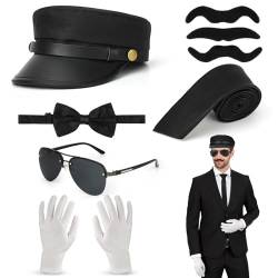 6 STK Chauffeur Kostüm Zubehör Set, Chauffeur Mütze Sonnenbrille Schnurrbart Fliege schwarz krawatte weiße handschuhe, 1980er Jahre Taxifahrer Kostüm Zubehör für Cosplay Halloween Karneval Mottoparty von Hifot