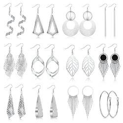 HIFOT 12 Paare Boho Ohrringe Hängend Damen Silber, Lange Ohrringe Damen, Dreieck Cabochon Blatt Rund Creolen, Anhängerr für Ohrringe Set für Valentinstag-Geburtstags-Party-Geschenk von Hifot