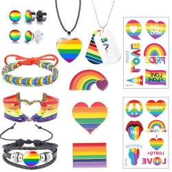 HIFOT 12 Stück LGBTQ Accessoires Regenbogen Halskette Gay Pride Schmuck Set Pride Lesben Lgbtq Armband Sticker Ohrstecker Silber Pride Broschen Unisex Pride Accessoires von Hifot