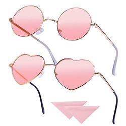 Hifot 2 Stück Hippie Brille Retro Runde Brille Herzförmige Brille Set für 60er 70er Jahre Kostümzubehör Vintage Sonnenbrille mit 2 Stück Putztuch, Rose Gold Frame Pink von Hifot