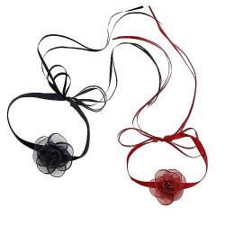 Hifot 2Pcs Halsband Blumen Choker Halskette Damen Mädchen, Wein Schwarze Halskette Verstellbare, Seide Blumen Halskette für Frauen Mädchen Braut Hochzeit Party Geburtstag von Hifot