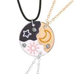 Hifot 3 Stück Halskette Damen Silber Freundschaftskette, Bff Ketten für 3 Mädchen, Sonne Sternen Mond Halskette Lang für Frauen, Kristall Kette Anhänger Geschenk Personalisierter Schmuck Schwarz Gold von Hifot