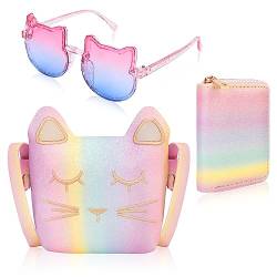 Hifot 3 Stück Umhängetasche Geldbörsen Sonnenbrille für Mädchen, Mini Einhorn Handtasche Katzen Brille für Kleines Mädchen Geburtstag von Hifot