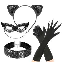 Hifot 4 Stück Katzenkostüm Damen Kinder,Katzenohren Haarreif Masken Halskette Katzenkralle Handschuhe Tier Kostüm Accessoires Halloween Karneval Cosplay Party von Hifot
