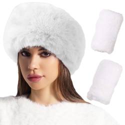 Hifot Fellmütze Stirnband Winter mit Fingerlose Handschuhe, Kunstfell Ohrenwärmer Damen mit Handschuhe Ohne Finger, Ohrenschützer Russische Mütze Pelzmütze Winter Kostüm von Hifot