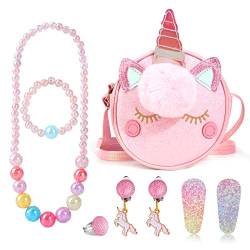 Hifot Glitzer Einhorn Kleine Mädchen Handtasche Schmuck Kinder mit Modeschmuck Clip Ohrringe Halskette Armband Ring Schmuckset,Kindertasche Geldbeutel Geburtstagsgeschenk für Anzieh von Hifot