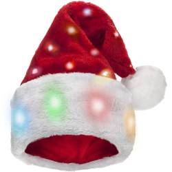 Hifot LED Weihnachtsmütze Erwachsene Nikolausmütze Plüsche Weihnachtsmann Mütze mit Licht Rote Santa Mütze für Weihnachtsfeier von Hifot