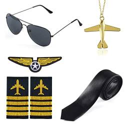 Hifot Pilot Captain Kostüm Set für Kinder, Piloten Sonnenbrille Kette Epauletten Abzeichen Dress up Zubehör für Herren Junge Erwachsene Halloween Fasching Party Karneval von Hifot