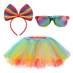 LGBTQ Gay Pride Outfit Damen Tüllrock tütü Rock Neon Tutu Regenbogen Sonnenbrille Bogen Stirnband,Partybrille Tanzkleid Party Prom Faschings Kostüme von Hifot
