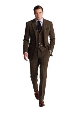 Herren Anzüge im Retro-Stil, 3-teilig, Braun / Grau, Tweed, Fischgrätenmuster, Slim Fit, Smoking, Abschlussball - Braun - M von High-End Suits