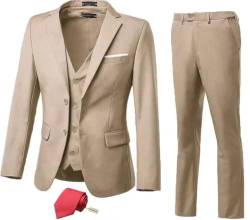 High-End Suits 3-teiliges Herren-Anzug-Set, schmale Passform, für Trauzeugen/Abschlussball, Anzug für Herren, zwei Knöpfe, Business-Anzug, Jacke, Weste, Hose und Krawatte, Beige, 3XL von High-End Suits