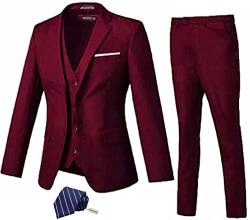 High-End Suits 3-teiliges Herren-Anzug-Set, schmale Passform, für Trauzeugen/Abschlussball, Anzug für Herren, zwei Knöpfe, Business-Anzug, Jacke, Weste, Hose und Krawatte, Burgunder, L von High-End Suits