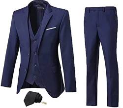 High-End Suits 3-teiliges Herren-Anzug-Set, schmale Passform, für Trauzeugen/Abschlussball, Anzug für Herren, zwei Knöpfe, Business-Anzug, Jacke, Weste, Hose und Krawatte, Marineblau, L von High-End Suits