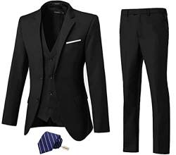 High-End Suits 3-teiliges Herren-Anzug-Set, schmale Passform, für Trauzeugen/Abschlussball, Anzug für Herren, zwei Knöpfe, Business-Anzug, Jacke, Weste, Hose und Krawatte, Schwarz, M von High-End Suits