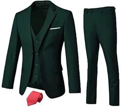 High-End Suits Herrenanzug, 3-teilig, schmale Passform, zwei Knöpfe, Hochzeitsanzug, Abschlussball, Anzug für Herren, Business-Anzug, Jacke, Weste, Hose und Krawatte, Dunkelgrün, M von High-End Suits