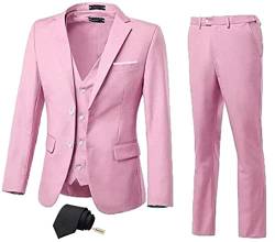 High-End Suits Herrenanzug, 3-teilig, schmale Passform, zwei Knöpfe, Hochzeitsanzug, Abschlussball, Anzug für Herren, Business-Anzug, Jacke, Weste, Hose und Krawatte, Pink, 3XL von High-End Suits