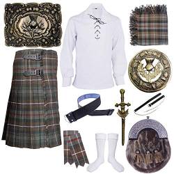 Herren Schottische Kilts Outfit Set Weathered Mackenzie Tartan with Thistle Crest Accessories, verwittertes Mackenzie, XX-Large von Highland Kilt