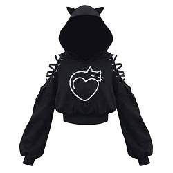 Damen Cat Ears Black Hoodie Langarm Kapuzenpullover Sweatshirt Hollow Out Gothic Bluse Tops von Higlles