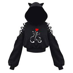 Damen Cat Ears Black Hoodie Langarm Kapuzenpullover Sweatshirt Hollow Out Gothic Bluse Tops von Higlles