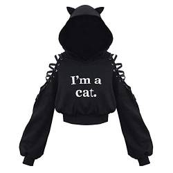 Damen Cat Ears Black Hoodie Langarm Kapuzenpullover Sweatshirt Hollow Out Gothic Tops Bluse Mit Motiv von Higlles