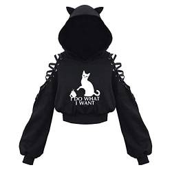 Damen Cat Ears Black Hoodie Langarm Kapuzenpullover Sweatshirt Hollow Out Gothic Tops Bluse Mit Motiv von Higlles