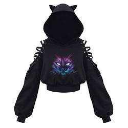 Damen Cat Ears Black Hoodie Langarm Kapuzenpullover Sweatshirt Hollow Out Gothic Tops Bluse von Higlles