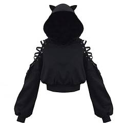 Damen Cat Ears Black Hoodie Langarm Kapuzenpullover Sweatshirt Hollow Out Gothic Tops Bluse von Higlles