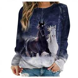 Higlles 1214 Beste Freunde Pullover Damen Kapuzenpullover Sweatshirt Herbst Winter Langarm für Frauen mit Pferd Motiv Hemd Damenmode Lässig Langarm Bedruckte O-Neck Tops Sweatshirt Bluse, Pferd5, S von Higlles