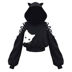 "Higlles "Damen Cat Ears schwarz Hoodie Langarm Kapuzenpullover Sweatshirt aushöhlen Gothic Tops Bluse Mit Motiv von Higlles