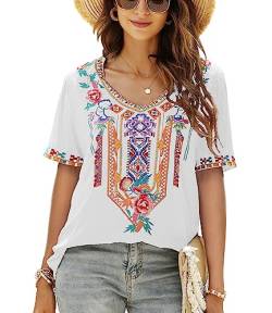 Higustar Mexikanische Boho bestickte Oberteile für Frauen Bohemian Bauernstil Hemden Sommer Casual Tuniken Blusen, White-443, 3X-Groß von Higustar