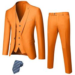 Hihawk Herren 3 Stück Anzug mit Stretch Stoff Solide Slim Fit Ein-Knopf Anzug Blazer Set Jacke Weste Hose mit Krawatte, Orange/Abendrot im Zickzackmuster (Sunset Chevron), XX-Large von Hihawk